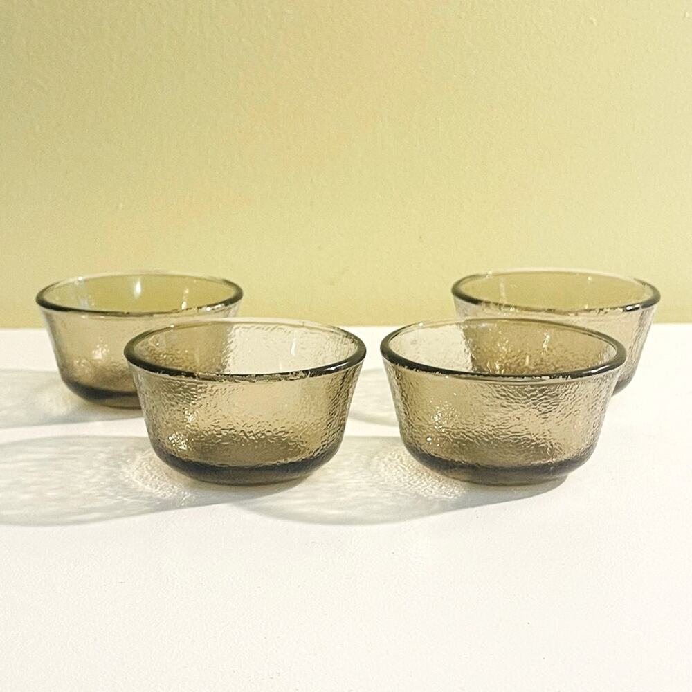 4 Vtg Glasbake Amber Brown Ramekins Bowls Food Prep Custard Fruit Textured